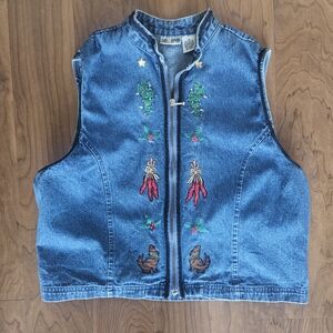 Vintage Christmas Holiday Embroidered Denim Vest with Festive Accents Size Small